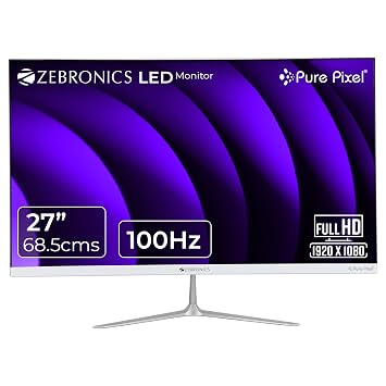 ZEBRONICS 27” (68.5 cm) Bezel-Less LED Monitor, 100Hz Refresh Rate, IPS Display, HDMI, VGA, FHD 1920x1080, 250nits, Built-in Speaker, 16:9 Aspect Ratio, Anti-Glare Screen, 16.7M Colors (SA127, White)